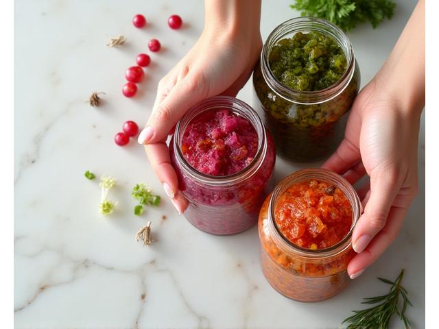 Hands preparing fermented vegetables in glass jars