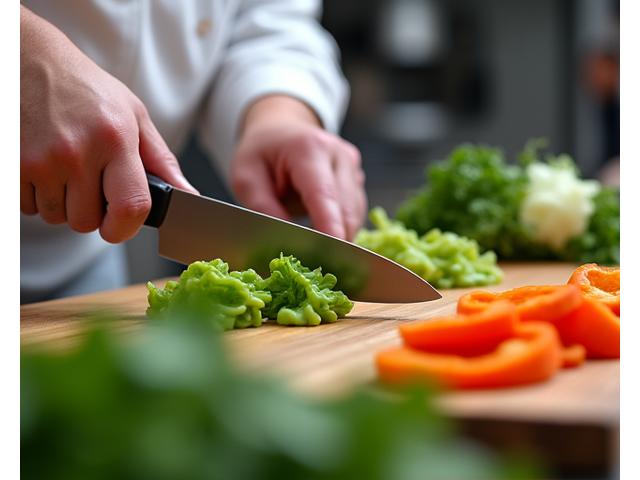 Chef demonstrating intricate knife skills with vegetables