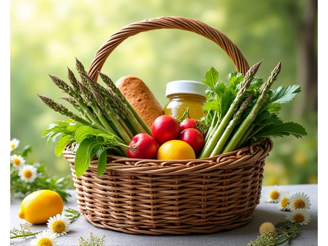Seasonal vegan hamper with fresh produce and artisanal goods, bright spring colors
