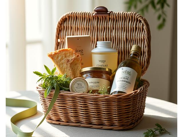 Elegant vegan hamper with a bottle of wine, crackers, and cheeses