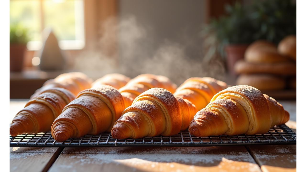 Assortment of golden-brown vegan croissants and pastries on a rack