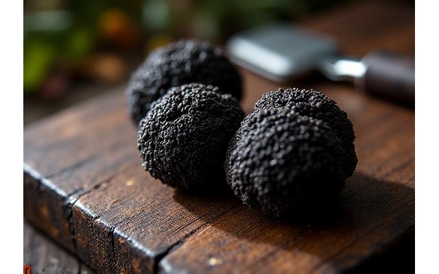 Freshly harvested black truffles on a rustic wooden board, with a truffle shaver and a hint of forest background, evoking richness and earthy aroma.