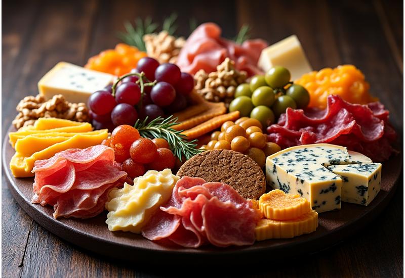 A lavish cheese and charcuterie board featuring a variety of textures and colours: creamy brie, crumbly cheddar, thinly sliced prosciutto, salami, served with honeycomb, fresh berries, and artisan crackers.