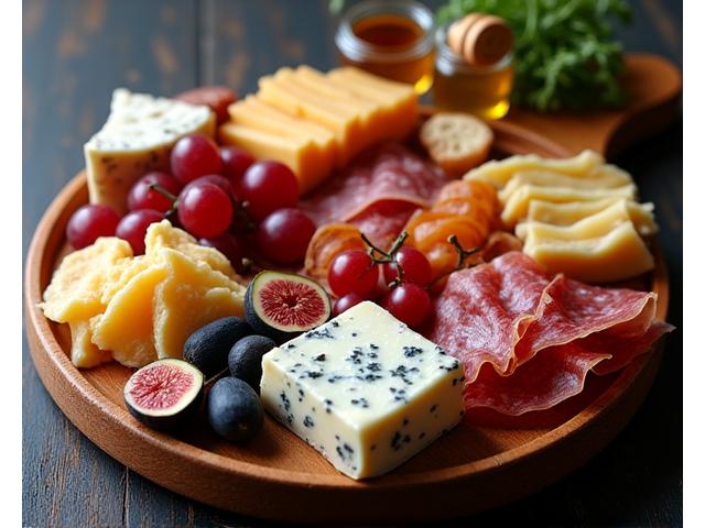 An artfully arranged platter of diverse artisanal cheeses and cured meats, with grapes, figs, and crusty bread, bathed in warm, soft light.