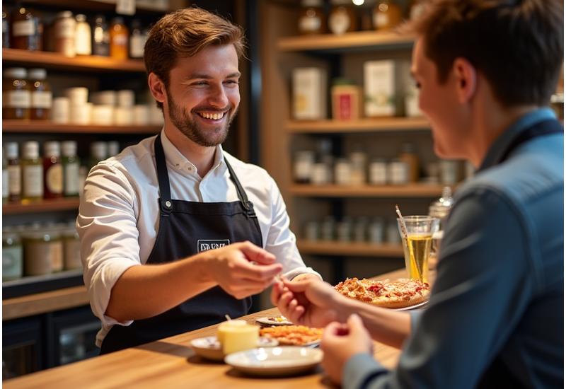 An expert food specialist offering a sample of gourmet cheese to a smiling customer during an in-store tasting event, with warm, inviting lighting and shelves of products in the background.