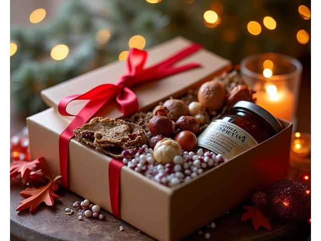 A beautifully wrapped gourmet food hamper filled with seasonal delicacies like truffles, limited-edition preserves, and festive baked goods, with autumn leaves or snowflakes subtly in the background.