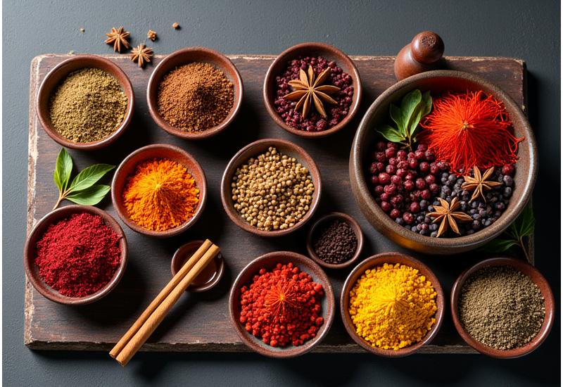 A beautifully composed flat lay of various vibrant, whole spices and dried herbs in small, earthy bowls or on rustic surfaces, with wooden spoons and subtle natural light.