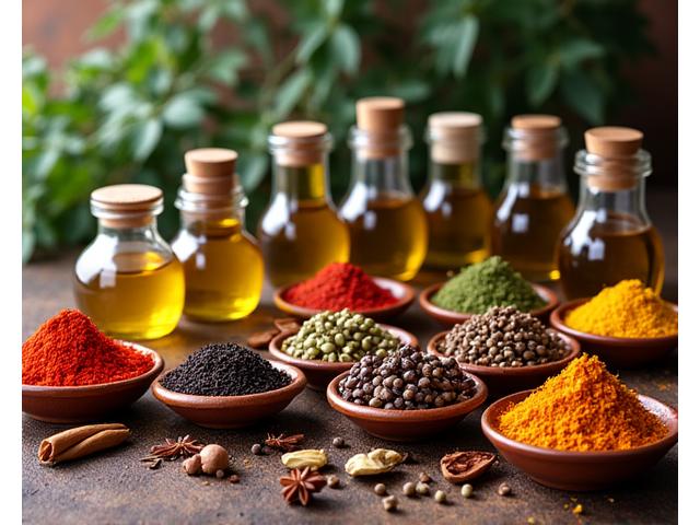 A vibrant collection of exotic spices in clear glass jars, neatly lined up alongside bottles of artisan olive oils and vinegars on a rustic wooden shelf, warm kitchen lighting.