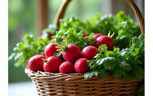 A vibrant basket overflowing with fresh spring produce like asparagus, radishes, early berries, and wild garlic, with soft morning light.