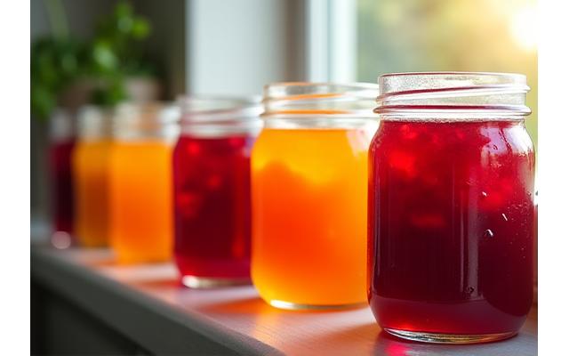 Jars of bright, homemade summer fruit preserves and vibrant jams lined up on a sunny windowsill, glistening with light, evoking warmth and sweetness.