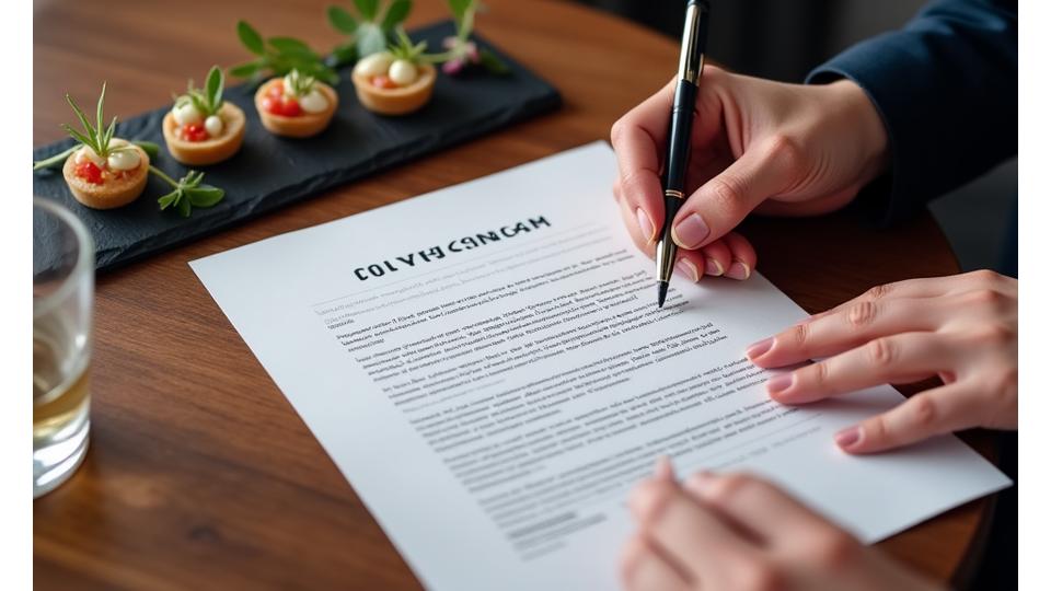 A sleek contract document being signed by two hands, with a beautifully arranged gourmet catering spread of canapés and drinks in the background, signifying formal agreement for bespoke food services.