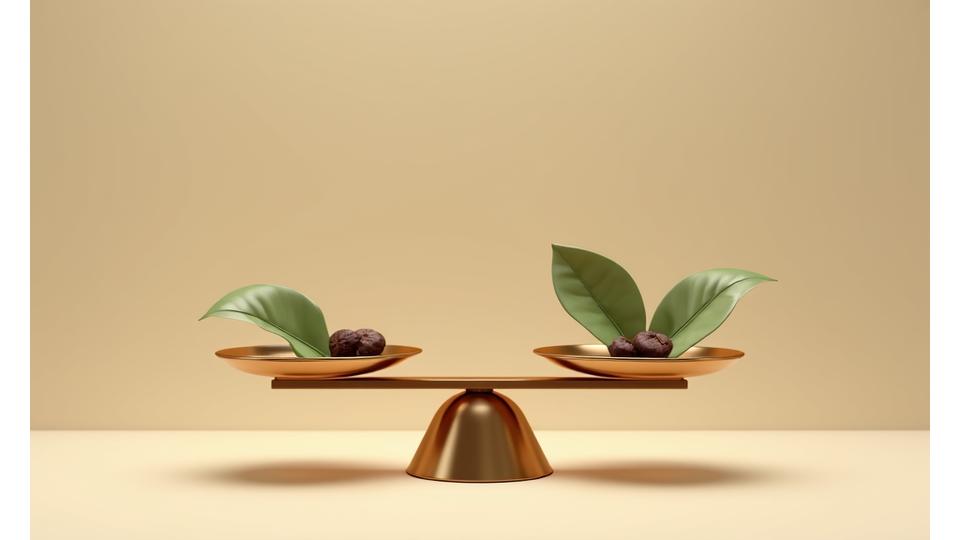 Stylized graphic of a balanced weighing scale, representing fairness and justice, with subtle culinary elements like a leaf or spice on one side, on a warm background.