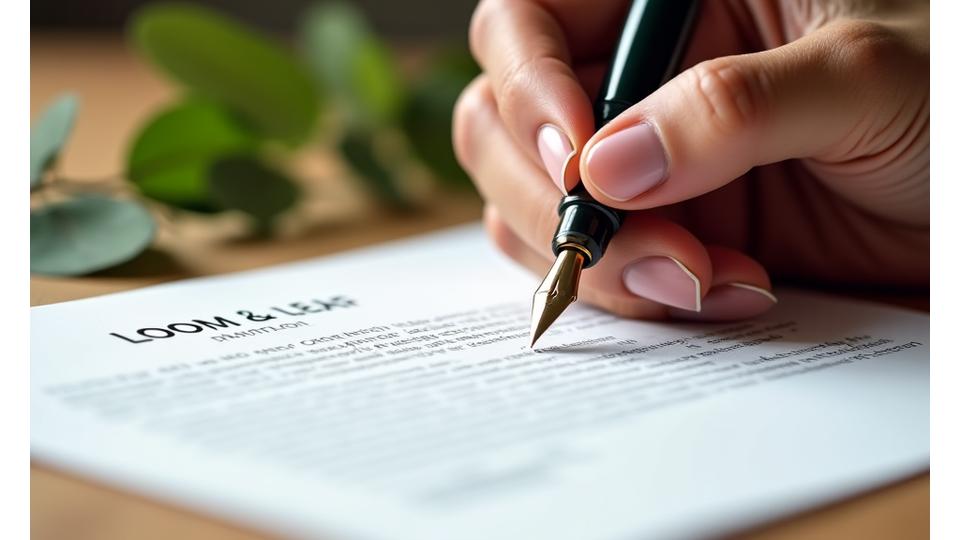 Professional hand signing a legal document with a signature pen, symbolizing agreement and formality. A subtle leafy motif is in the background.