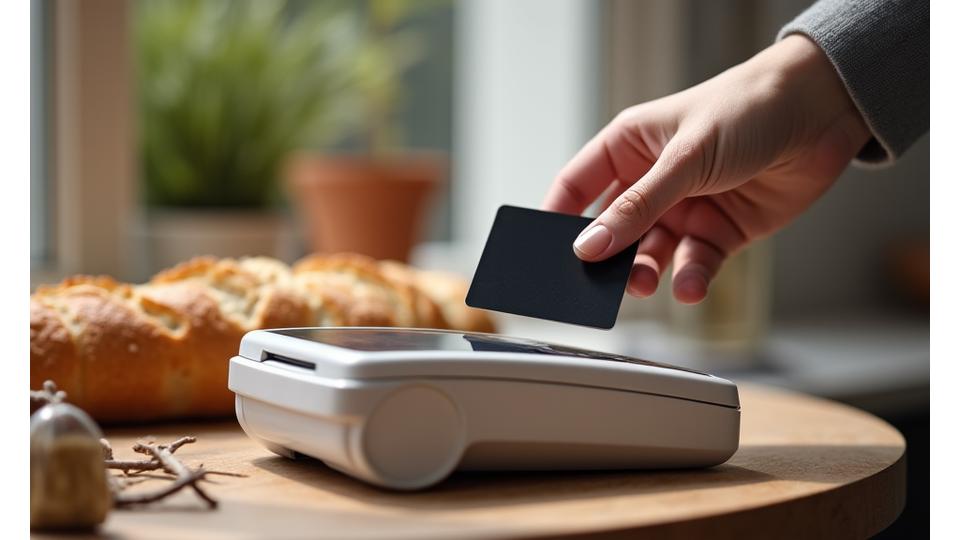 A close-up of a hand holding a credit card over a POS terminal, with fresh artisanal bread and gourmet food items blurred in the background, signifying secure transactions for quality products.