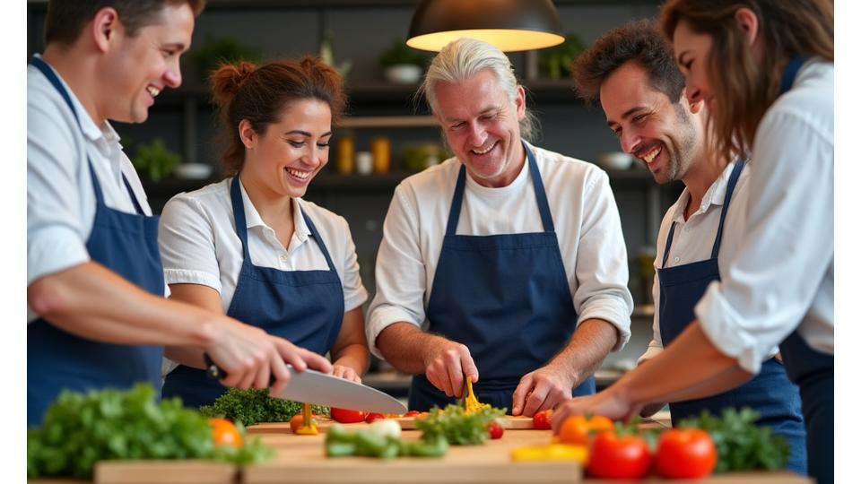 A diverse group of smiling people happily engaged in a gourmet cooking workshop, chopping vegetables and laughing, emphasizing a clear, fair booking process.